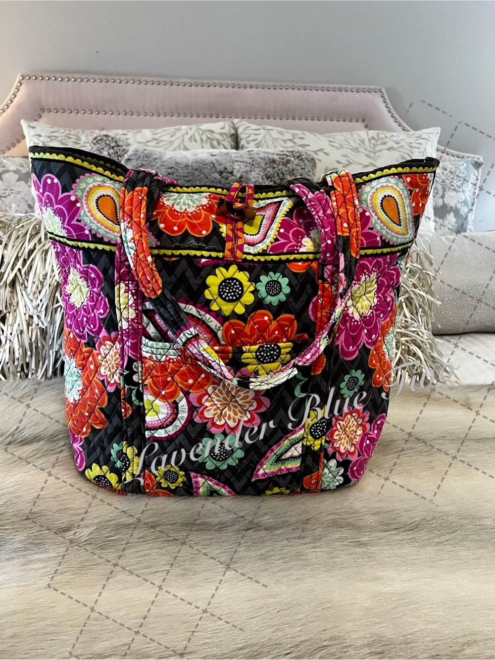 VERA BRADLEY Ziggy Zinnia 2014 Large Toggle Tote Keychain Orange Pink Big Floral